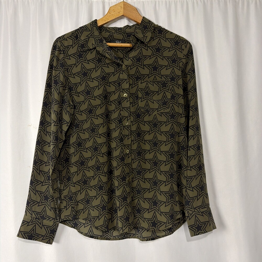 Rails Kate Button Down Olive Green Stars Print 100% Silk Sz S